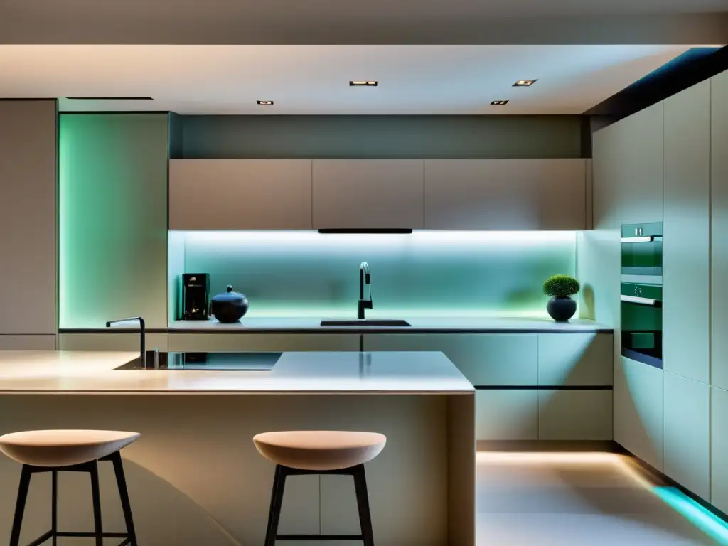 Diseño de cocina Feng Shui: Cocina minimalista futurista con armonía en colores suaves y líneas limpias