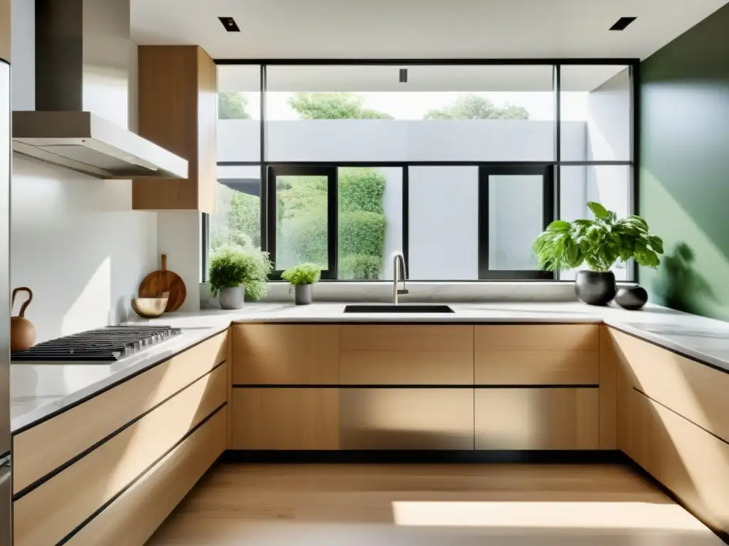 Diseño de cocina Feng Shui: Cocina minimalista con líneas limpias, electrodomésticos modernos y luz natural que realza la armonía y equilibrio