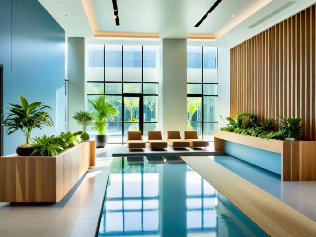 Un diseño minimalista de lobby con elementos de Feng Shui en tonos suaves y naturales, luz natural y una fuente de agua para crear armonía