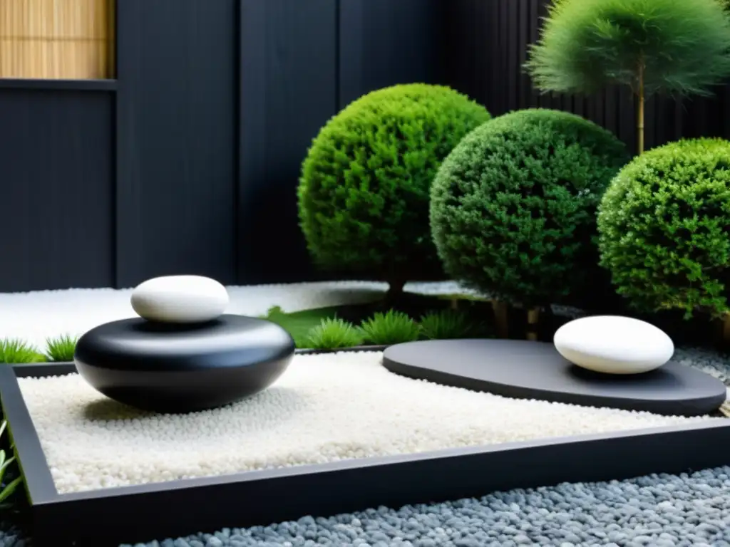 Diseño de jardín zen moderno con grava blanca, rocas grandes y una planta kokedama, rodeado de paredes de piedra y una fuente de bambú