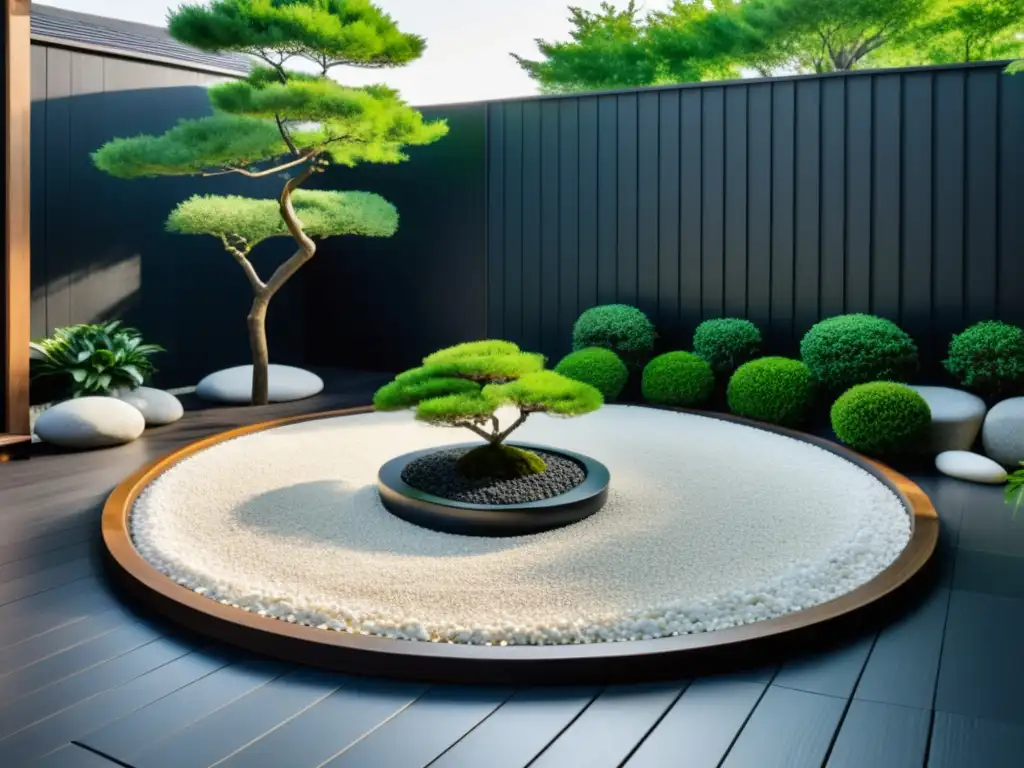 Diseño de jardín zen moderno con grava blanca, rocas grandes y árboles podados, rodeado de madera oscura y una elegante fuente de agua