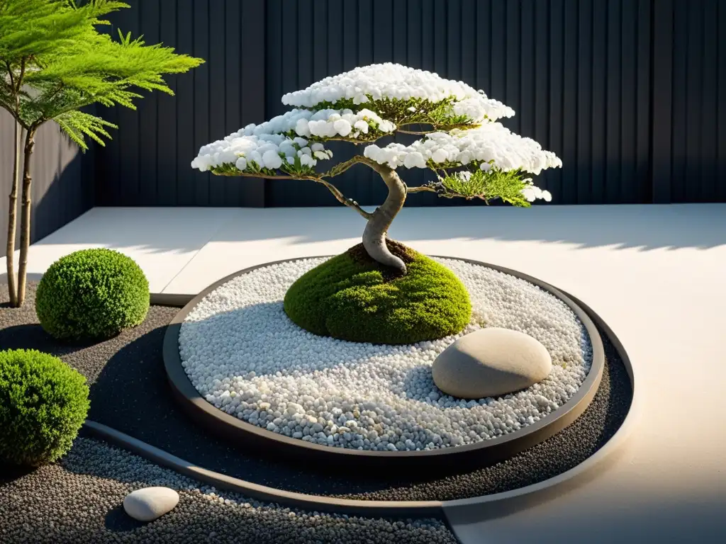 Diseño de jardín zen moderno con gravilla blanca, rocas y un bonsái en maceta, reflejando tranquilidad y equilibrio