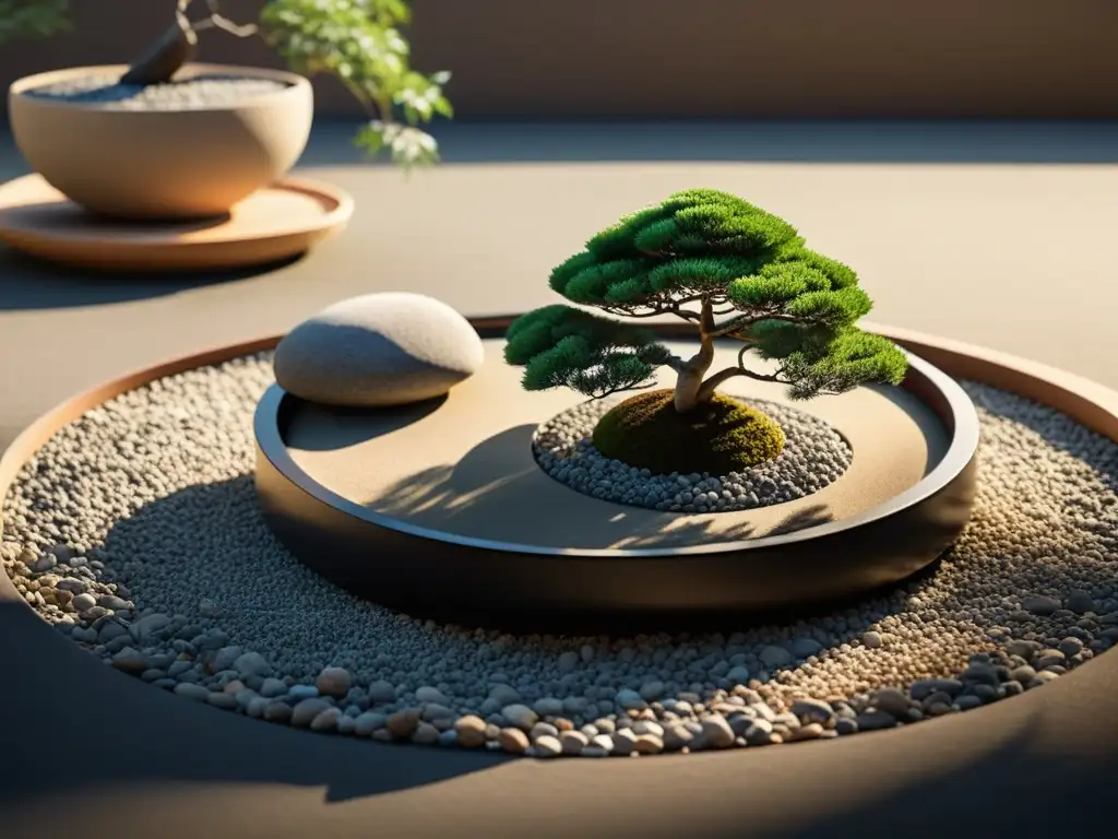 Diseño de jardín zen moderno con gravilla, rocas esculpidas y una planta Kokedama, bañado por la luz de la tarde, evocando armonía y paz