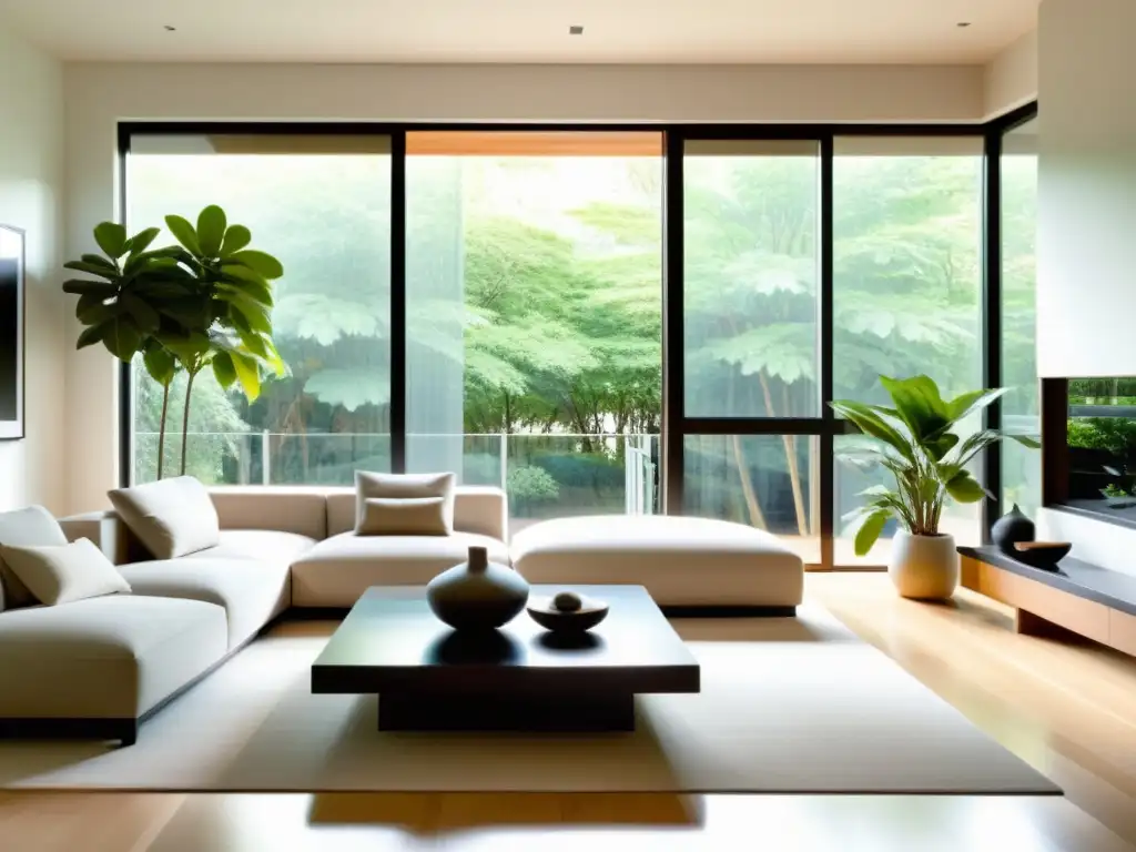 Diseño moderno con feng shui: Sala minimalista, equilibrio de muebles, luz natural y elementos armoniosos