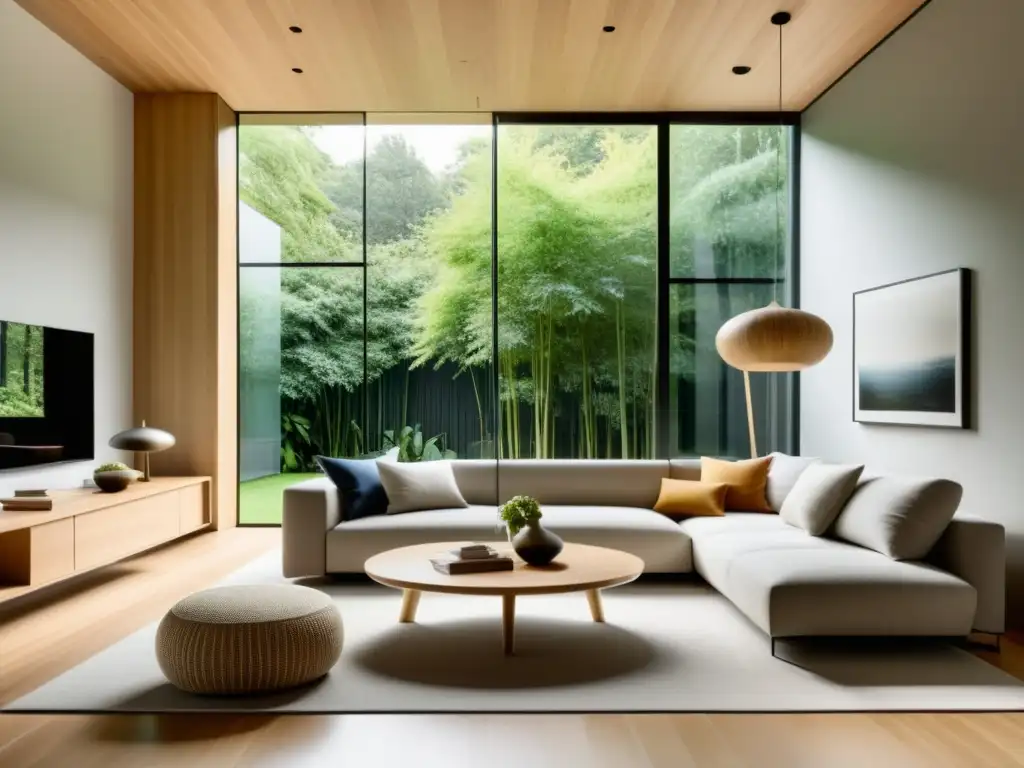 Diseño moderno con feng shui: Sala minimalista con ventanales y vista a un jardín, muebles elegantes y suelos de bambú sostenible