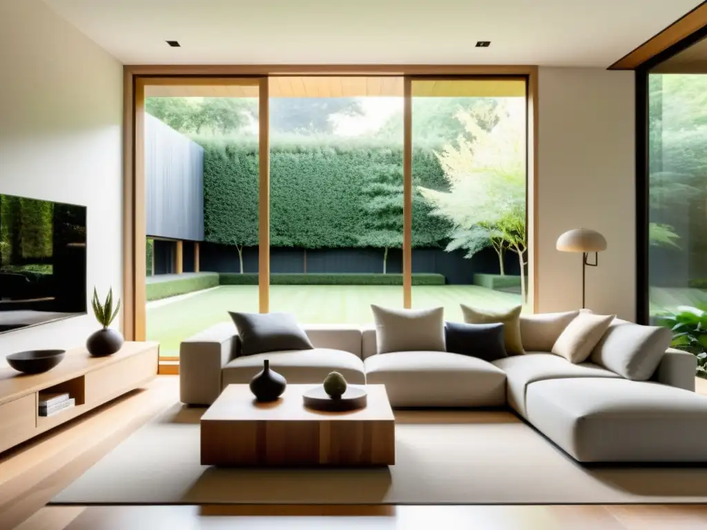 Diseño moderno con feng shui: Sala de estar minimalista con vista a un jardín tranquilo a través de gran ventana