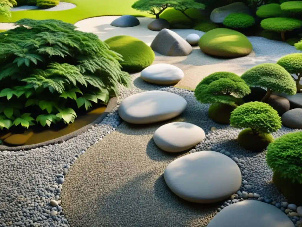 Diseño de jardín zen moderno: Sereno jardín de rocas japonesas con gravilla y boulders, rodeado de vegetación exuberante y arroyo