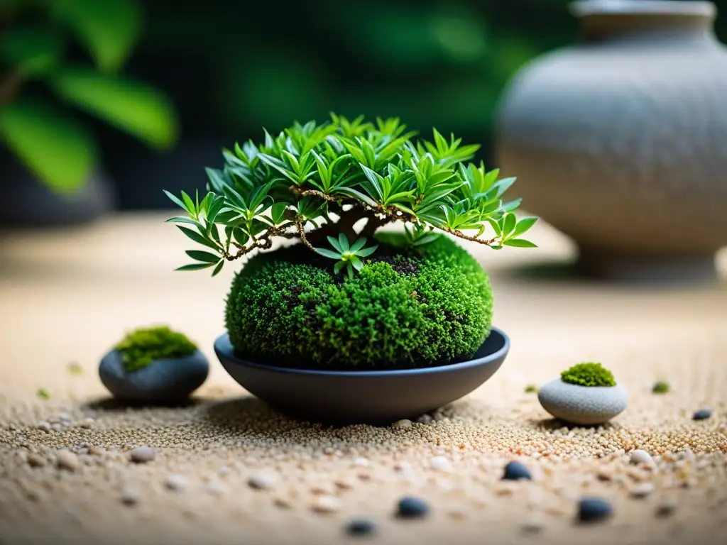 Diseño de jardín zen moderno con kokedama, musgo verde vibrante y piedras dispuestas con armonía y tranquilidad