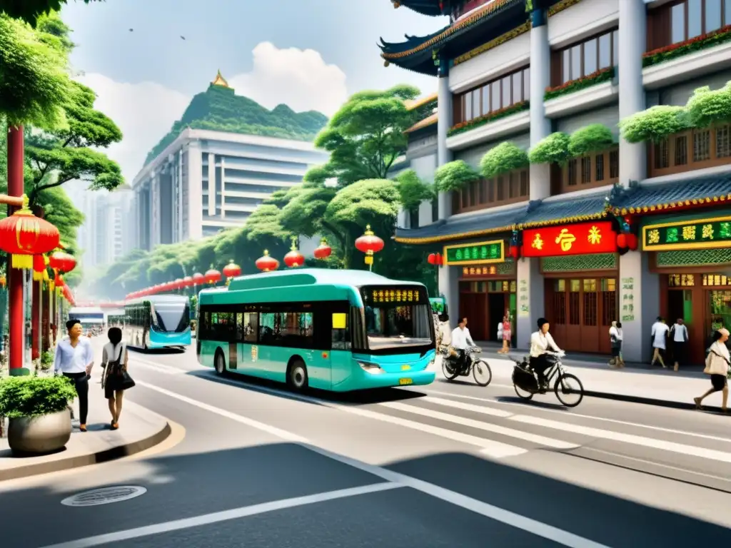 Diseño de movilidad urbana consciente Feng Shui: Calle bulliciosa con arquitectura china tradicional, vegetación exuberante y transporte ecológico