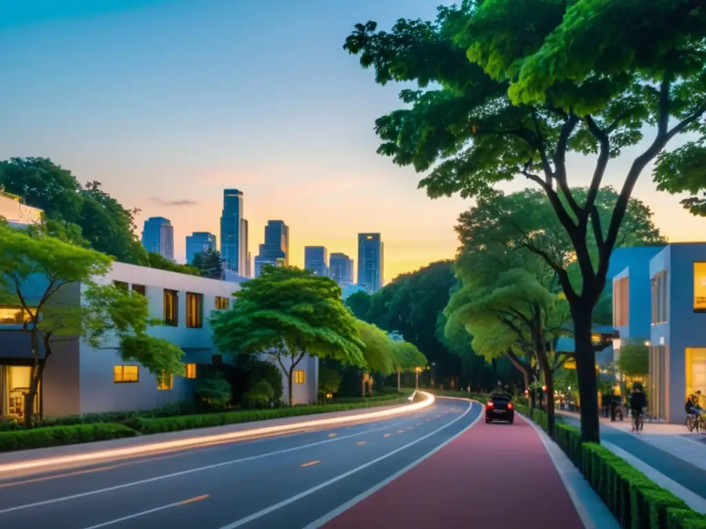 Diseño de movilidad urbana consciente Feng Shui: Una ciudad serena al anochecer, con modernos edificios destacando contra un cielo pastel