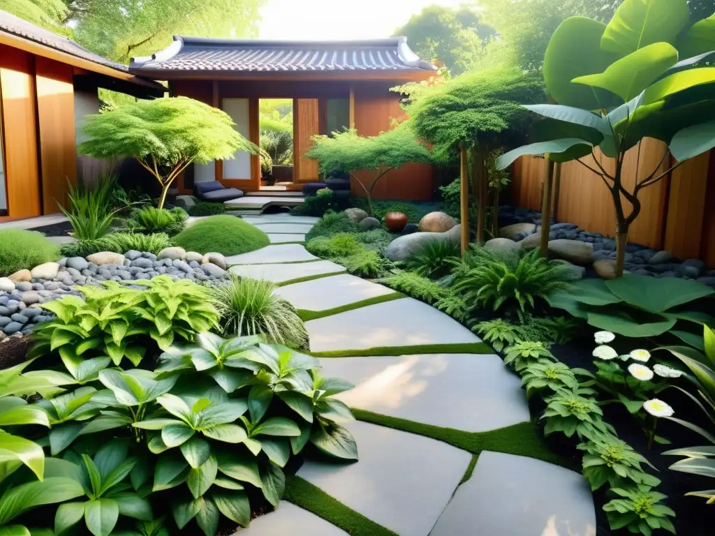 Diseño de jardín con Feng Shui y permacultura: armonía natural con rocas, agua, vegetación y serenidad bajo la luz filtrada entre las hojas