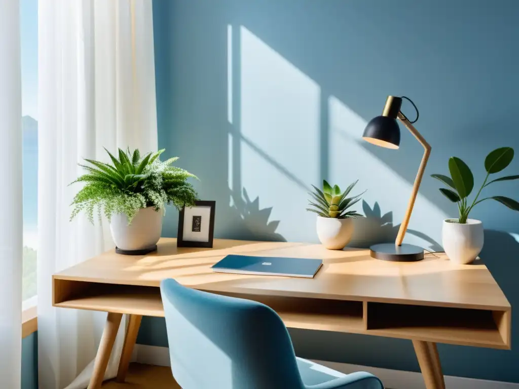 Diseño de oficina Feng Shui: Espacio de oficina minimalista y sereno con escritorio de madera clara, plantas y luz natural