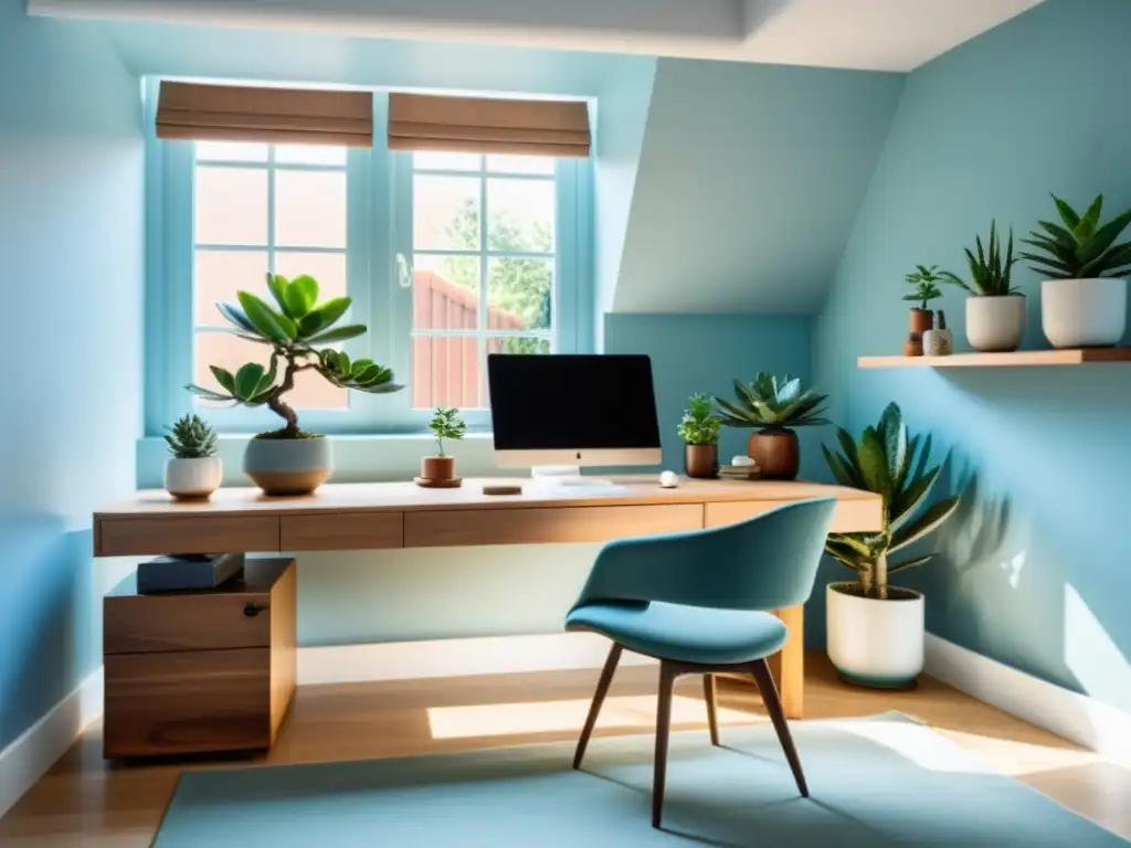 Diseño de oficinas en casa Feng Shui: Un espacio minimalista con escritorio de madera, suculentas y bonsái, bañado por luz natural