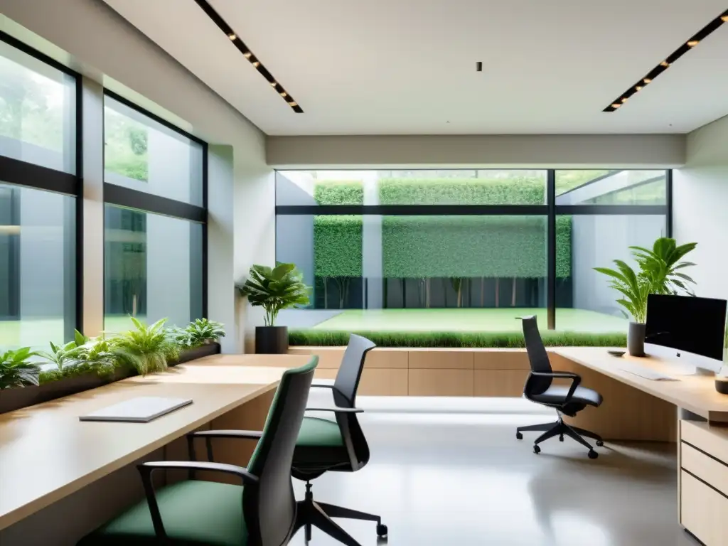 Diseño de oficinas Feng Shui productivas: Espacio minimalista con luz natural, mobiliario moderno y vistas a un jardín tranquilo