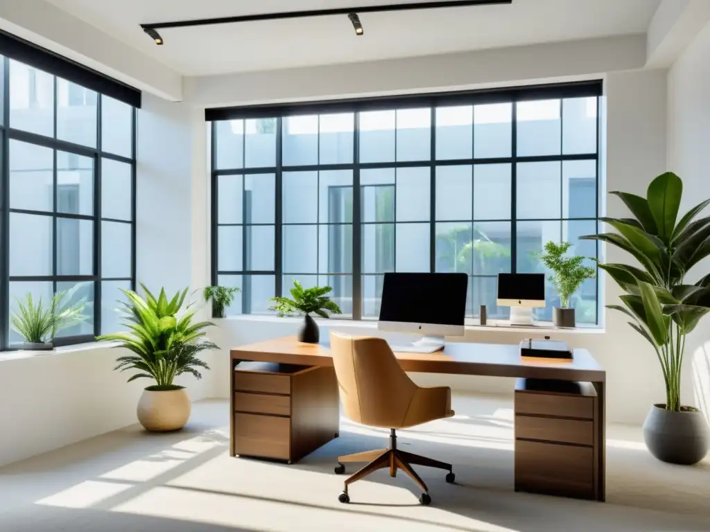 Diseño de oficinas Feng Shui productivas: Espacio de oficina minimalista y sereno con luz natural, plantas e mobiliario ergonómico moderno