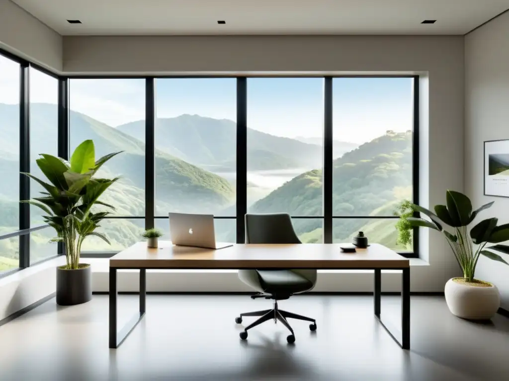 Diseño de oficinas Feng Shui productivas: Espacio de oficina minimalista con vista serena y armoniosa al paisaje natural