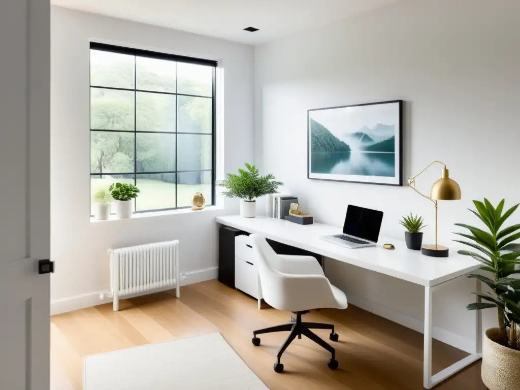 Diseño de oficinas en casa Feng Shui: Sereno despacho minimalista con escritorio blanco, silla ergonómica y decoración armoniosa