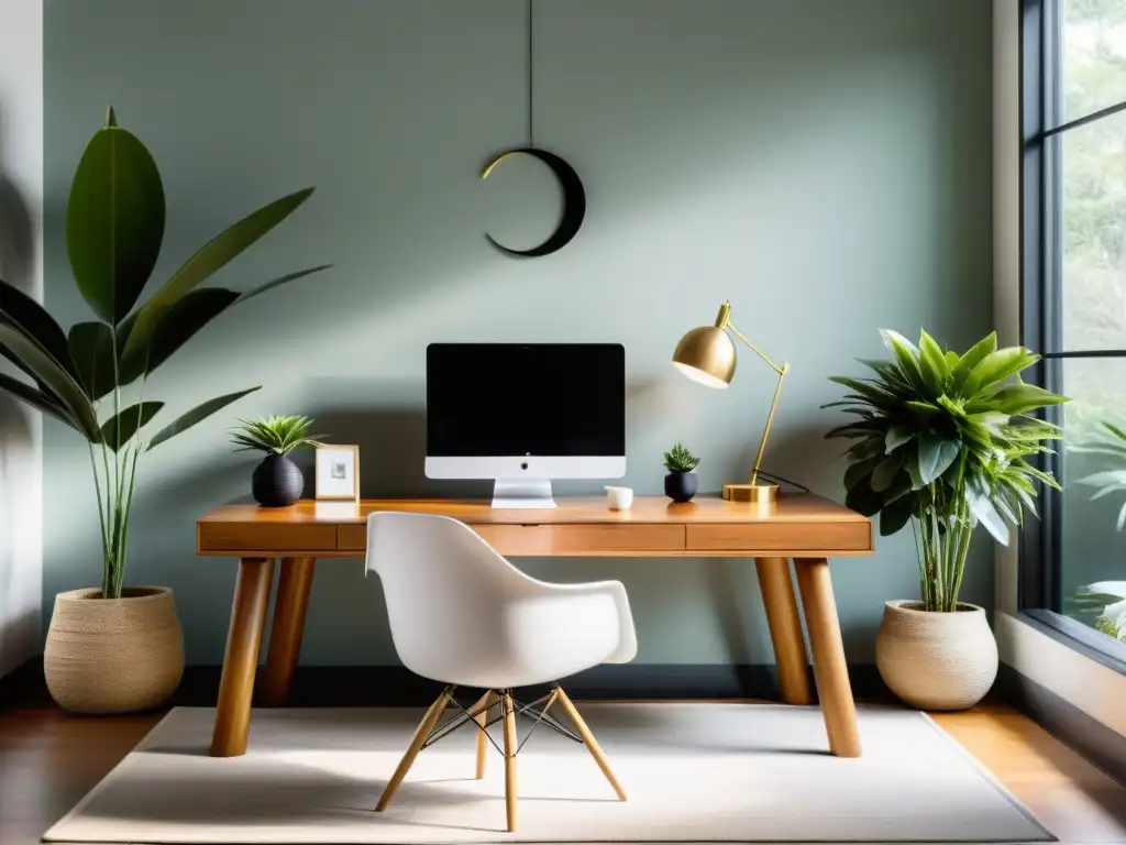 Diseño de oficinas en casa Feng Shui: Espacio de trabajo sereno con escritorio de madera y elementos de Feng Shui