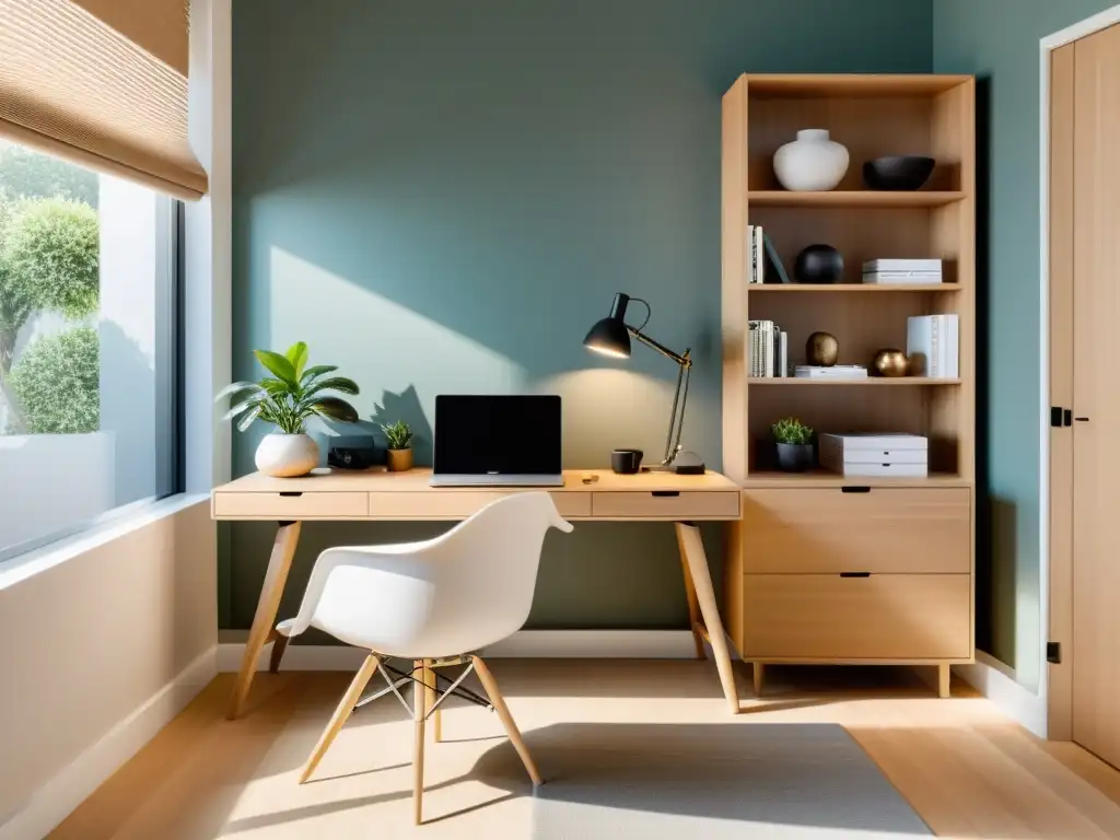 Diseño de oficinas en casa Feng Shui: Espacio de trabajo sereno con escritorio moderno, silla ergonómica y decoración minimalista