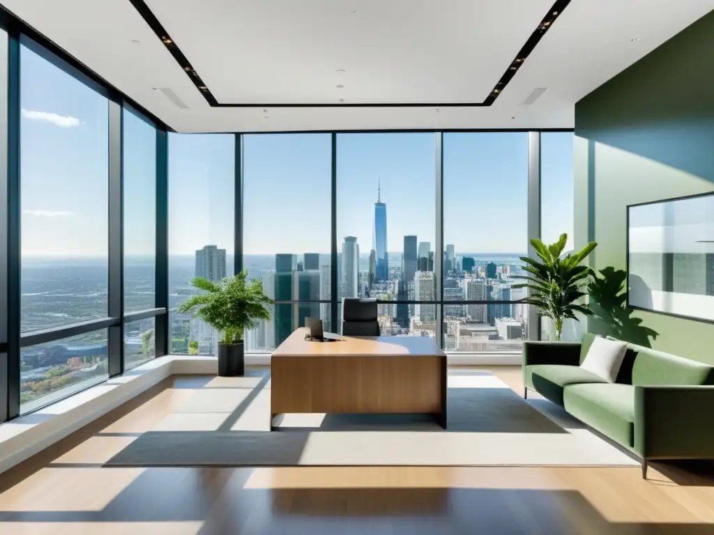 Diseño de oficinas urbanas con Feng Shui: Moderno espacio lleno de luz natural y mobiliario minimalista, con vistas a la bulliciosa ciudad