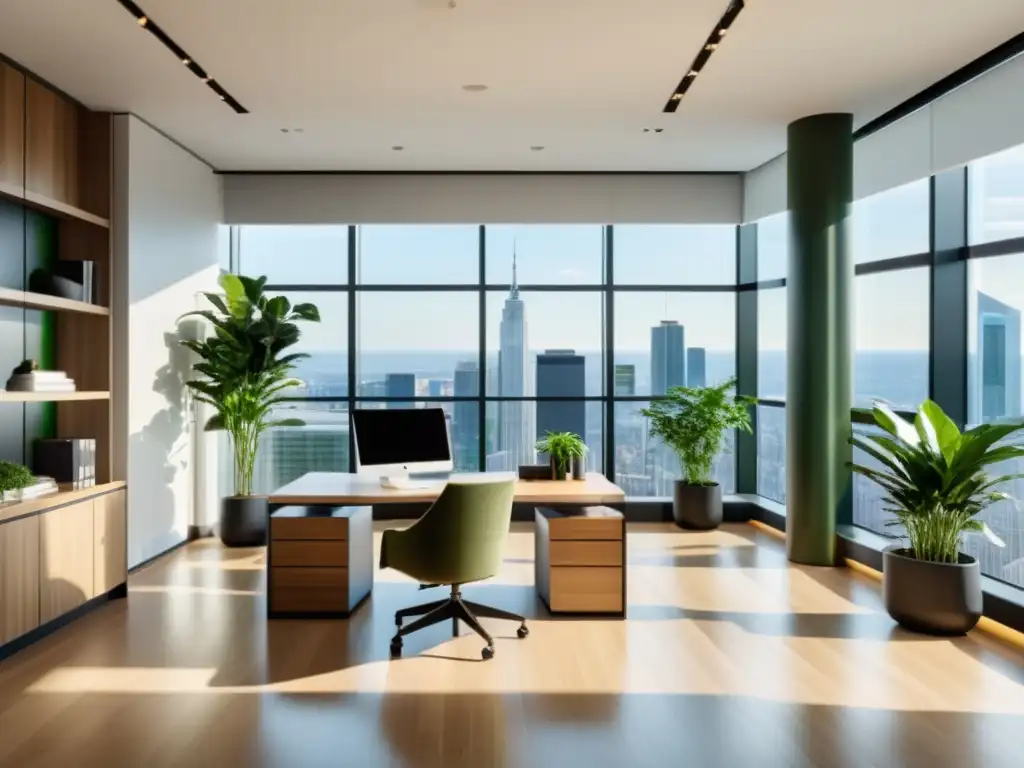 Diseño de oficinas urbanas con Feng Shui: Espacio de oficina moderno con ventanales de piso a techo y vistas a la ciudad