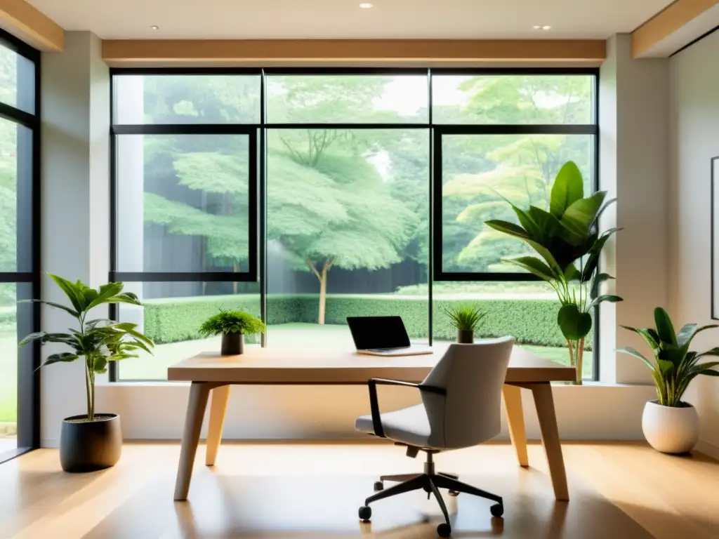 Diseño de oficinas urbanas con Feng Shui: Espacio de oficina con luz natural y armonía, vista a parque verde