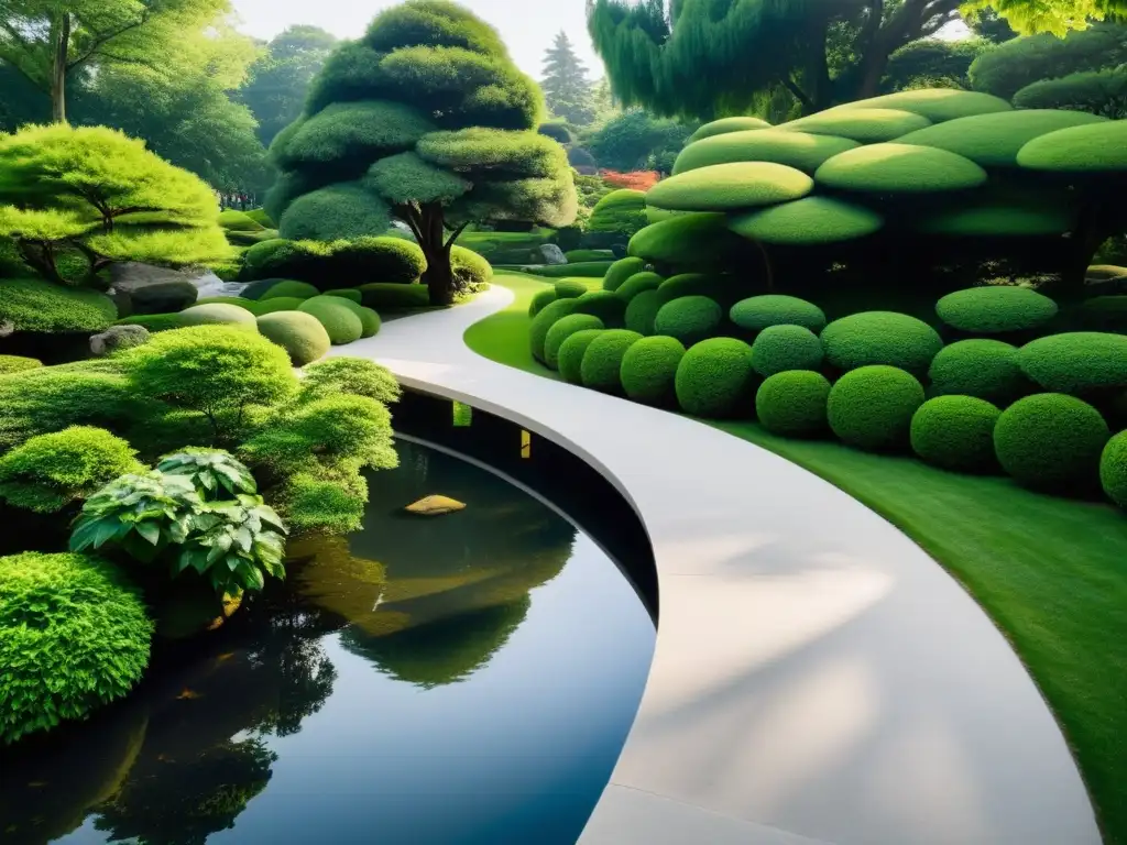 Diseño de jardines públicos Feng Shui: Un oasis de serenidad con rocas, estanque, vegetación exuberante y senderos armoniosos