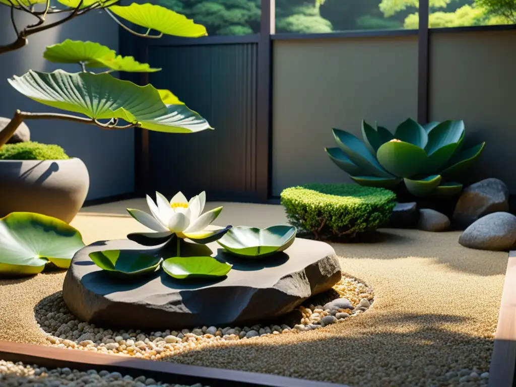 Diseño de jardines públicos Feng Shui: Un sereno jardín japonés con rocas, bonsáis y un estanque con flor de loto