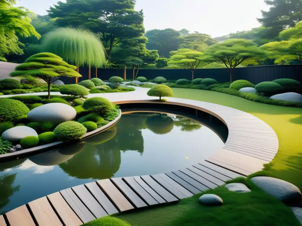 Diseño de jardines públicos Feng Shui: Un sereno jardín con rocas y árboles armoniosamente dispuestos, un camino sinuoso y un estanque tranquilo