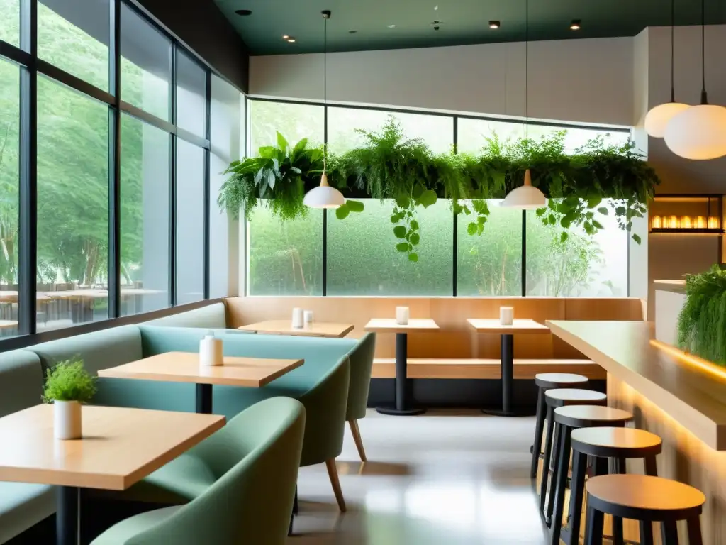 Diseño de restaurante con Feng Shui: Interior sereno y minimalista con luz natural, mobiliario de madera clara y toques de vegetación