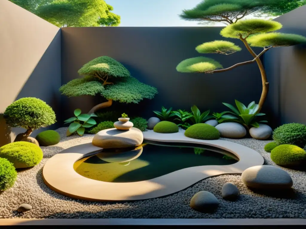 Diseño de jardín Feng Shui con rocas, estanque tranquilo, bonsáis y vegetación exuberante, bañado por la luz del sol entre las hojas