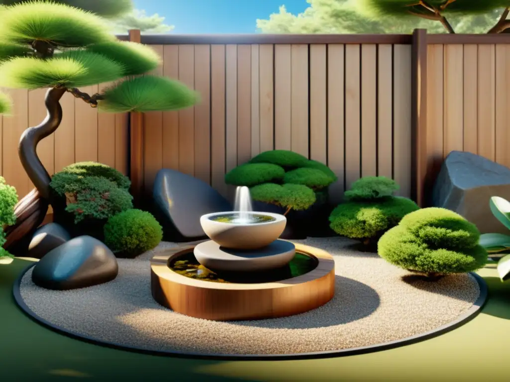 Diseño de jardines exteriores Feng Shui: Jardín tranquilo con rocas, fuente y bonsáis, promoviendo buena energía