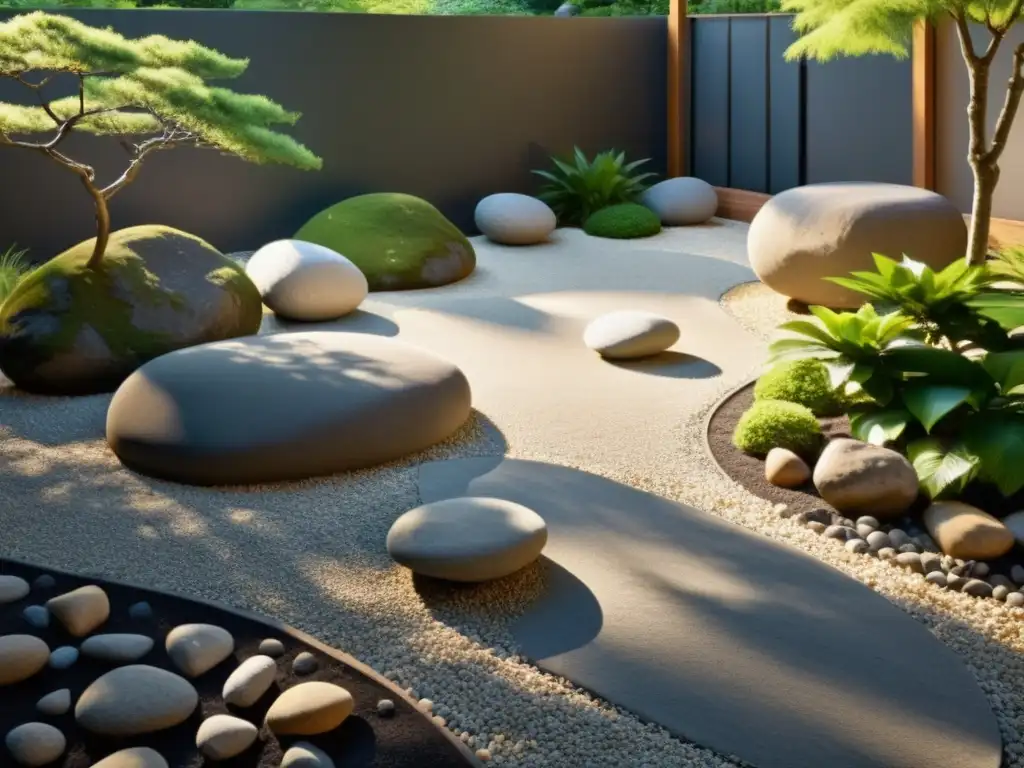 Diseño de jardines Feng Shui: Jardín de rocas japonés con grava cuidadosamente rastrillada, rocas suaves y armonía al atardecer