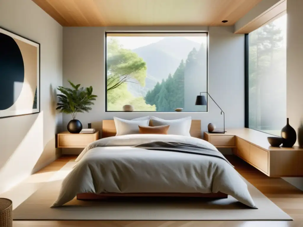 Diseño de ropa para Feng Shui: Dormitorio minimalista con ropa de cama neutra, decoración cuidadosamente seleccionada y mucha luz natural