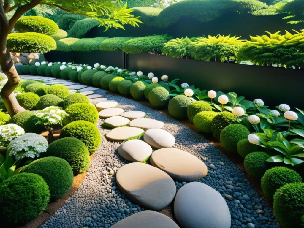 Diseño de senderos en jardín Feng Shui con camino sereno, bonsáis y armoniosa vegetación exuberante