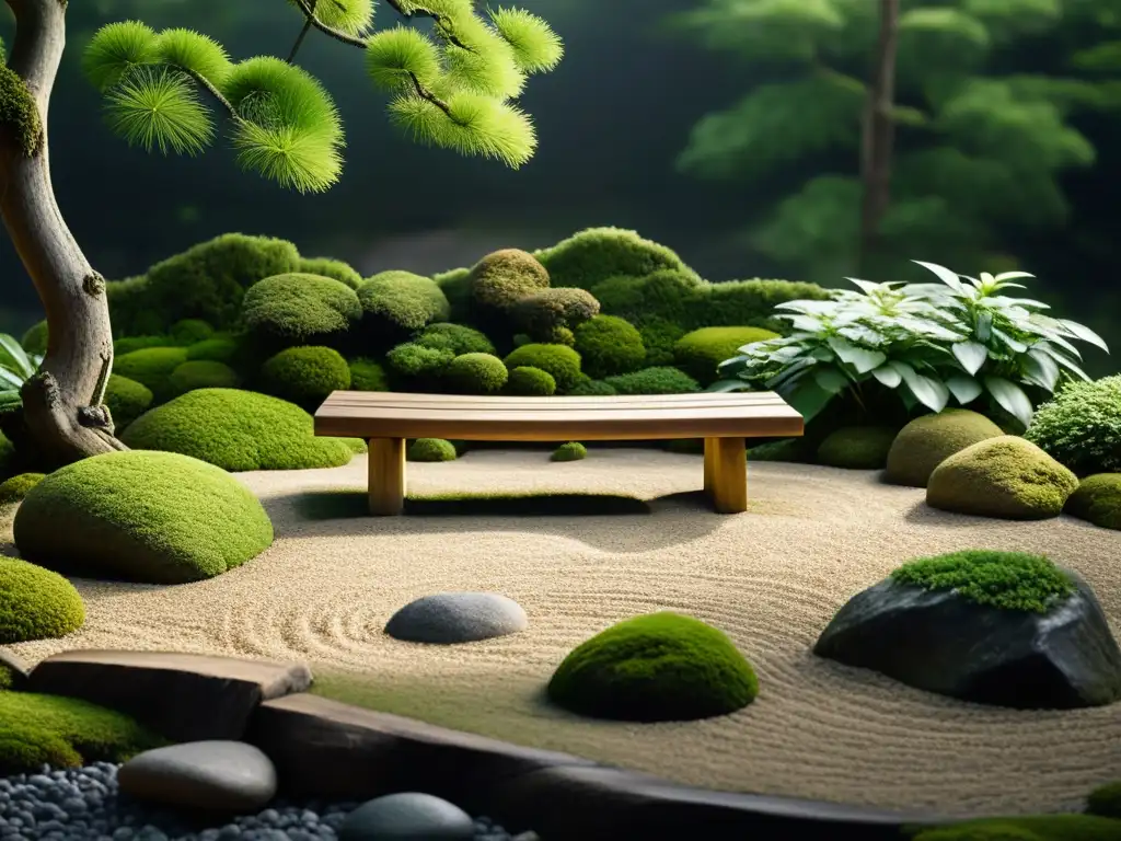 Diseño de senderos en jardín Feng Shui: un jardín de rocas japonés con grava cuidadosamente rastrillada, rodeado de musgo y vegetación escasa