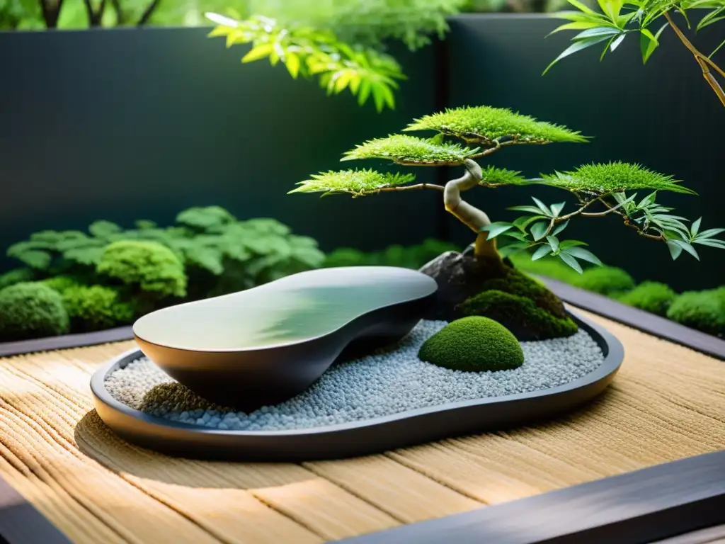 Diseño de jardines Feng Shui: Jardín japonés sereno con árboles bonsái, grava y bambú, irradiando armonía y equilibrio