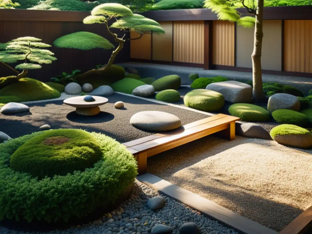 Diseño de jardín Feng Shui: Sereno jardín japonés con gravilla cuidadosamente rastrillada, rodeado de musgo y piedras