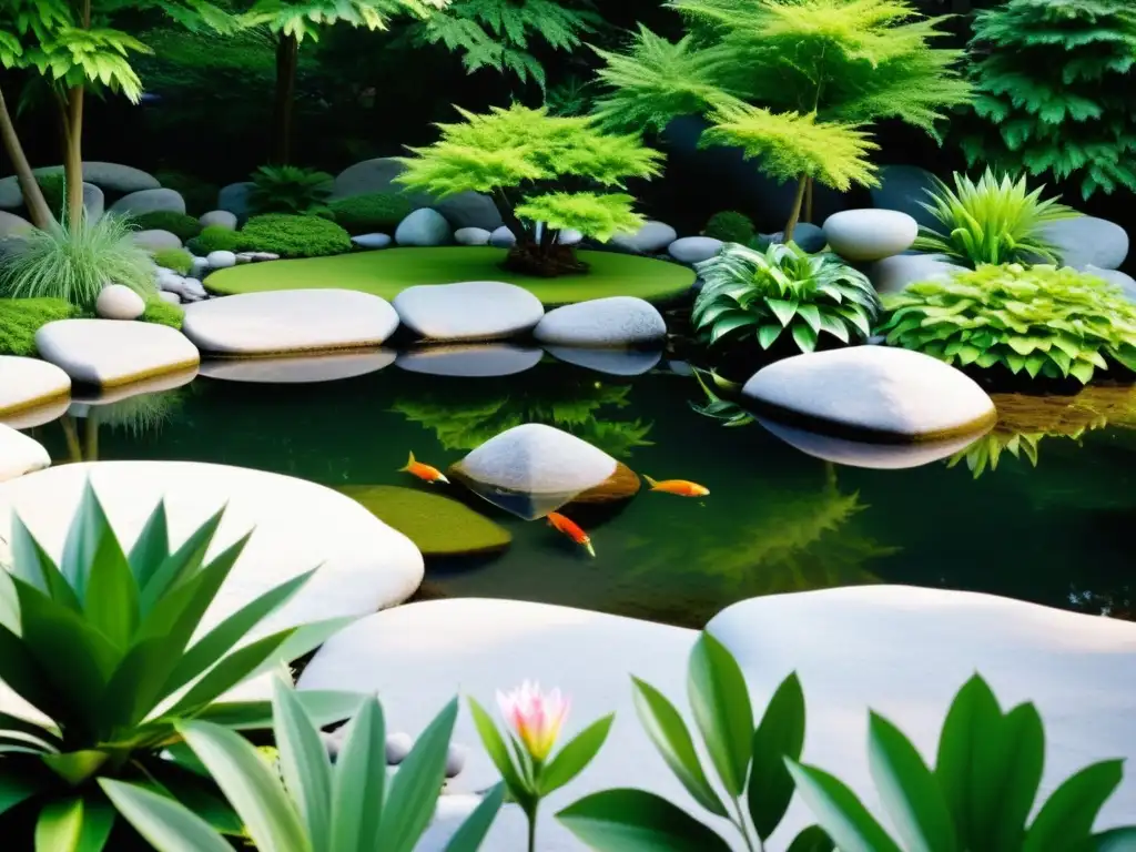 Diseño de jardín Feng Shui: Un jardín sereno y minimalista con rocas, un pequeño estanque tranquilo y exuberante vegetación, que emana armonía y calma