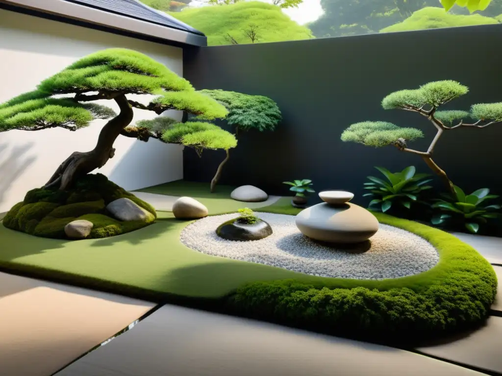 Diseño de jardines exteriores Feng Shui: Un jardín sereno y minimalista con rocas, estanque, y bonsáis en equilibrio armonioso