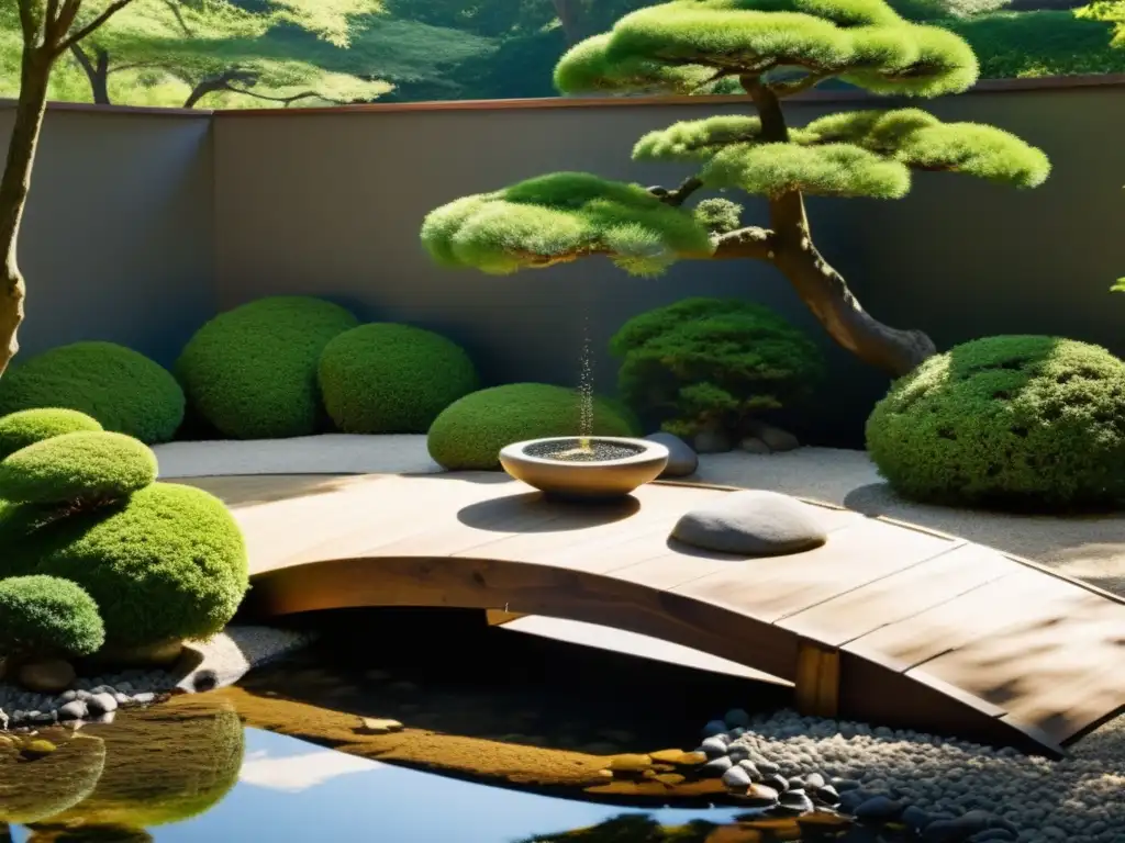 Diseño de jardín Feng Shui: Jardín japonés sereno con rocas, bonsái y armoniosa naturaleza, creando paz y equilibrio