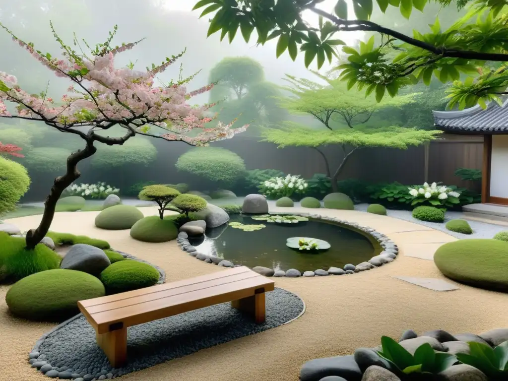 Diseño de jardines exteriores Feng Shui: Jardín sereno con rocas, estanque, camino de grava y árbol de cerezo en la neblina matutina