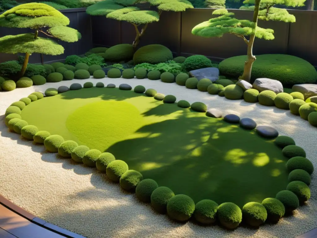 Diseño de jardín con Feng Shui y permacultura: Jardín japonés sereno con rocas, grava y musgo, bañado por la luz del sol entre sombras