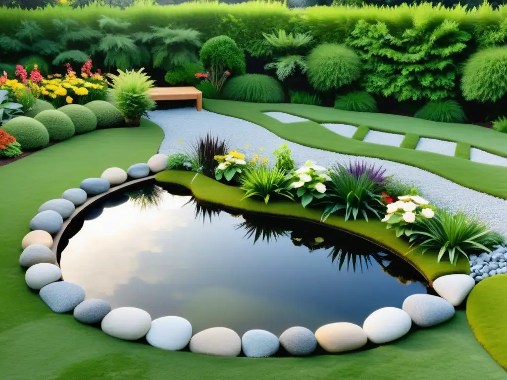 Diseño de jardín con Feng Shui y permacultura: Jardín sereno con rocas, plantas y armonía natural