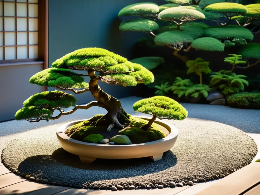 Diseño de jardín con Feng Shui: Jardín japonés sereno con rocas, musgo verde exuberante y un bonsái perfectamente podado