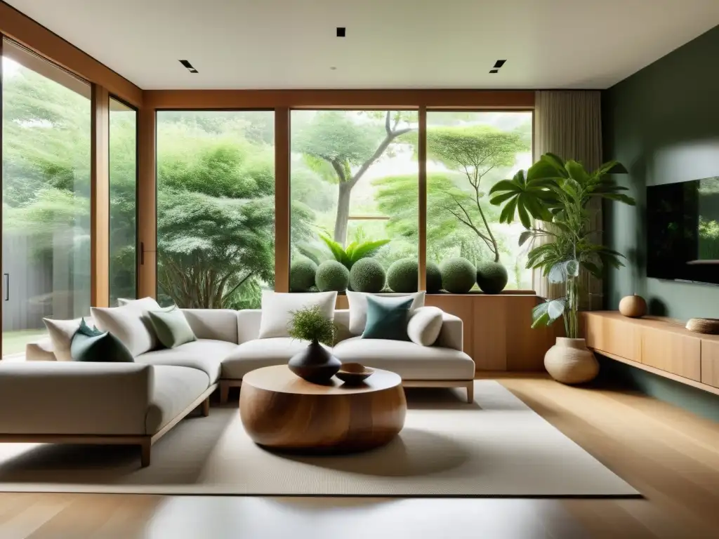 Diseño sostenible con Feng Shui: Sala minimalista con materiales naturales, luz suave y armonía