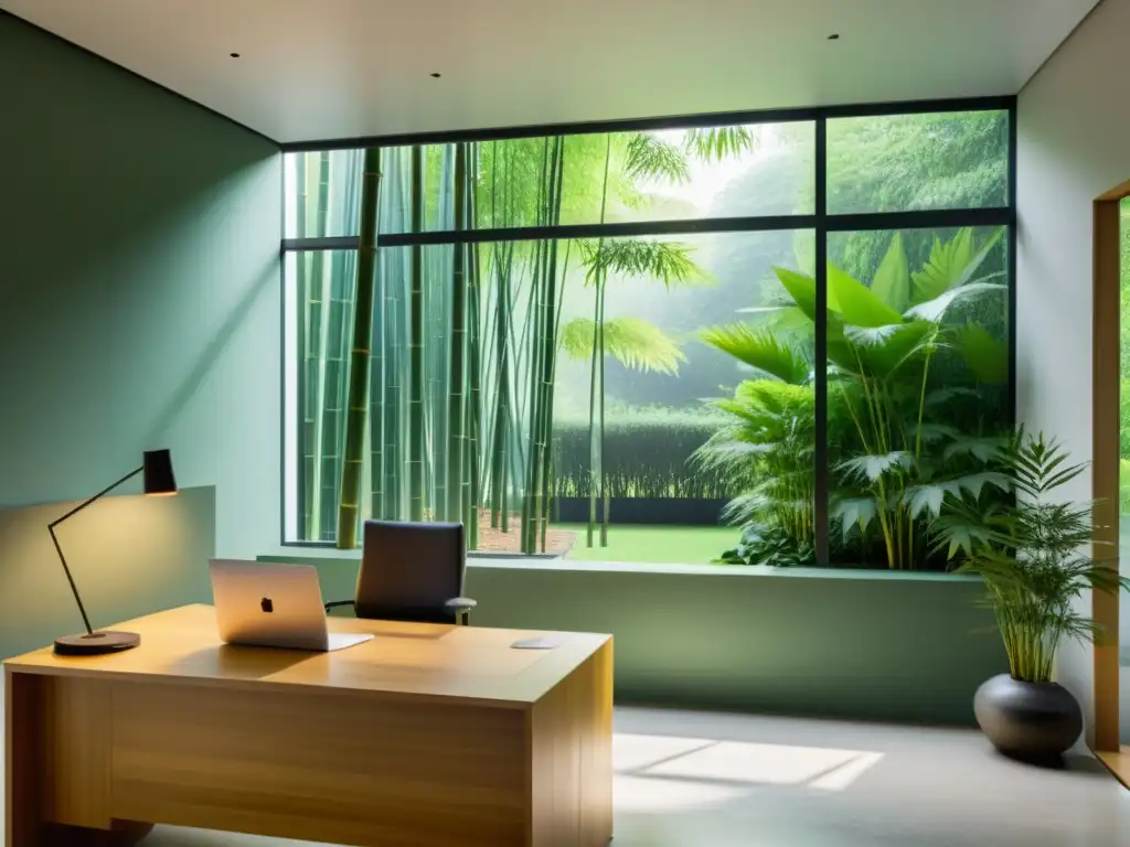 Diseño sostenible con Feng Shui: Oficina minimalista con ventana grande con vista a jardín tranquilo, materiales ecológicos y líneas modernas