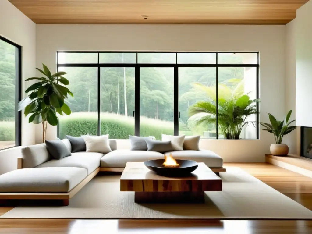 Diseño sostenible con Feng Shui: Sala de estar minimalista con ventanales y elementos naturales que evocan serenidad