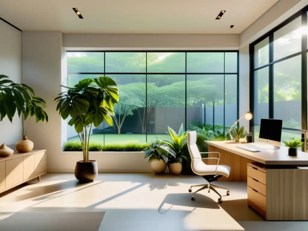 Diseño sostenible con Feng Shui: Oficina serena con vista a jardín, luz natural y armonía