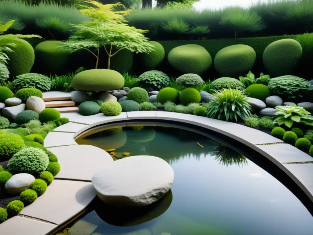 Diseño de jardines sustentables Feng Shui: Jardín minimalista con rocas, estanque y plantas en armonía y equilibrio